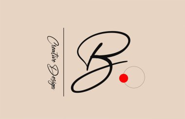 İş için B alfabesi harfi logosu. Şirket kimliği ve harfleri için zarif yaratıcı yazı tipi. Kırmızı nokta ve el yazısıyla markalaştırma simgesi
