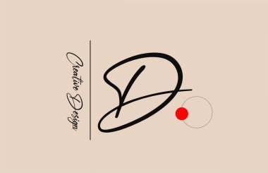 İş için D alfabesi harfi logosu. Şirket kimliği ve harfleri için zarif yaratıcı yazı tipi. Kırmızı nokta ve el yazısıyla markalaştırma simgesi