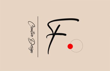 İş için F alfabesi harfi logosu. Şirket kimliği ve harfleri için zarif yaratıcı yazı tipi. Kırmızı nokta ve el yazısıyla markalaştırma simgesi