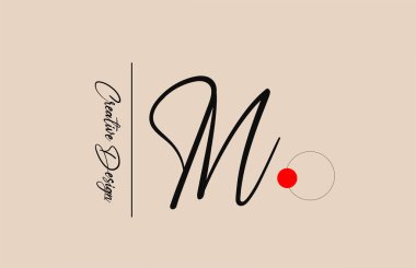 İş için M alfabesi harfi logosu. Şirket kimliği ve harfleri için zarif yaratıcı yazı tipi. Kırmızı nokta ve el yazısıyla markalaştırma simgesi