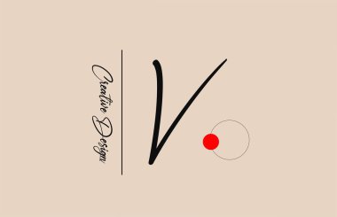 İş için V alfabesi harfi logosu. Şirket kimliği ve harfleri için zarif yaratıcı yazı tipi. Kırmızı nokta ve el yazısıyla markalaştırma simgesi