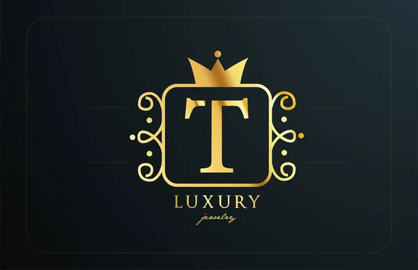 Tモノグラム黄金の金属アルファベット文字のロゴ 高級ビジネスや企業のための王冠と創造的なアイコンのデザイン — ストックベクタ