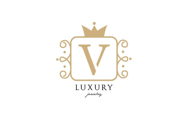 V简单的黄色单字字母标识 为奢侈品公司和企业设计具有王冠的创意图标 — 图库矢量图片