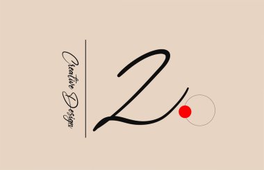 İş için Z alfabesi harfi logosu. Şirket kimliği ve harfleri için zarif yaratıcı yazı tipi. Kırmızı nokta ve el yazısıyla markalaştırma simgesi