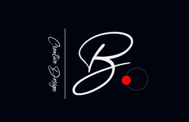 İş için B harfi alfabe logosu. Şirket kimliği ve siyah beyaz harflerle yazılmış zarif yaratıcı yazı tipi. Kırmızı nokta ve el yazısıyla markalaştırma simgesi