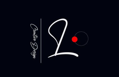 İş için L harfi alfabesi logosu. Şirket kimliği ve siyah beyaz harflerle yazılmış zarif yaratıcı yazı tipi. Kırmızı nokta ve el yazısıyla markalaştırma simgesi