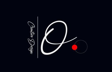 İş için O harfi alfabe logosu. Şirket kimliği ve siyah beyaz harflerle yazılmış zarif yaratıcı yazı tipi. Kırmızı nokta ve el yazısıyla markalaştırma simgesi