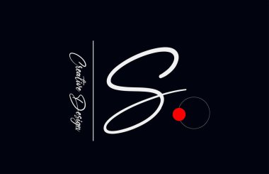 İş için S harfi alfabesi logosu. Şirket kimliği ve siyah beyaz harflerle yazılmış zarif yaratıcı yazı tipi. Kırmızı nokta ve el yazısıyla markalaştırma simgesi