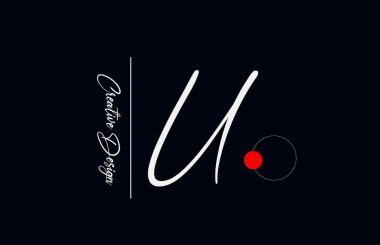 İş için harf alfabesi logosu. Şirket kimliği ve siyah beyaz harflerle yazılmış zarif yaratıcı yazı tipi. Kırmızı nokta ve el yazısıyla markalaştırma simgesi