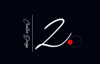 İş için Z harfi alfabe logosu. Şirket kimliği ve siyah beyaz harflerle yazılmış zarif yaratıcı yazı tipi. Kırmızı nokta ve el yazısıyla markalaştırma simgesi