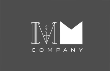 Misafir için geometrik M M gri beyaz alfabe harfi simgesi. İş ve şirket için farklı tarz kombinasyon tasarımı