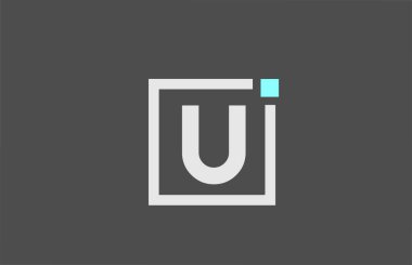 Gri U alfabe harfi simgesi. Şirket ve iş kimliği için mavi noktalı kare tasarım