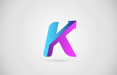K ok alfabesi harf logosu iş ve şirket için mavi ve pembe renkli. Gradyan tasarımı ile kurumsal brading ve simge harfleri