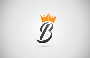 El yazısı B alfabesi harfi logo simgesi. Şirketin tipografisi ve sarı kral tacı. Kraliyet tarzı