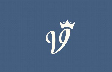 El yazısı V alfabesi harfi logo simgesi. Kraliyet tarzı kral tacının mavi sarı renkte olduğu iş tipografisi