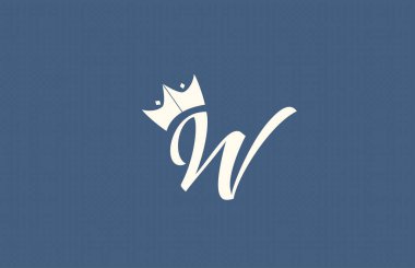 El yazısı W alfabesi harfi logo simgesi. Kraliyet tarzı kral tacının mavi sarı renkte olduğu iş tipografisi