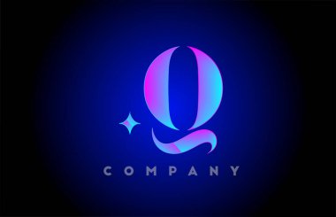 Q alfabesi harfi simge logo şablonu. Şirket ve iş tasarımı, parlak pembe mavi renkte. 