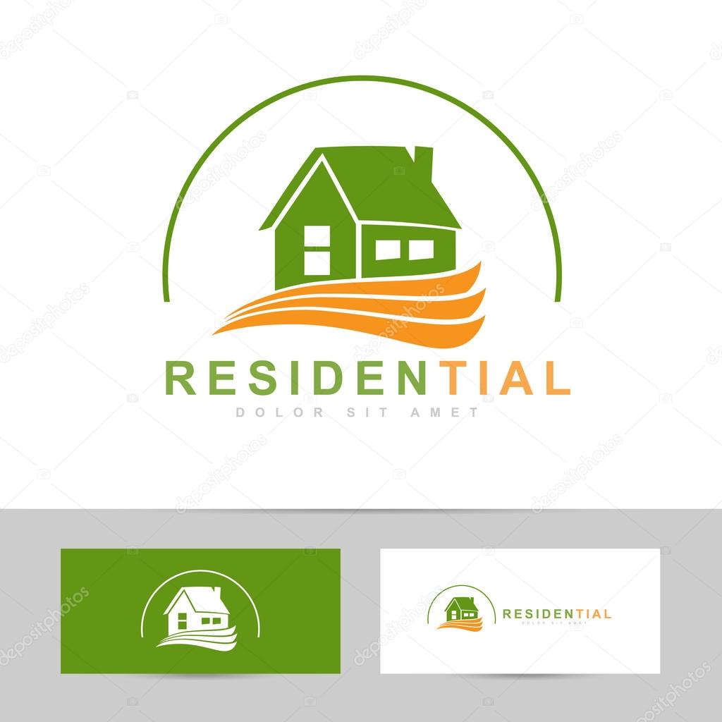 Abstract vector template of a real estate green orange logo icon with business cards