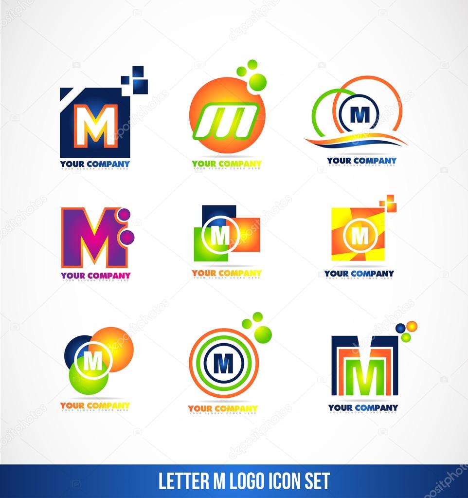 Vector company logo icon element template letter m set alphabet orange blue green square circle 3d