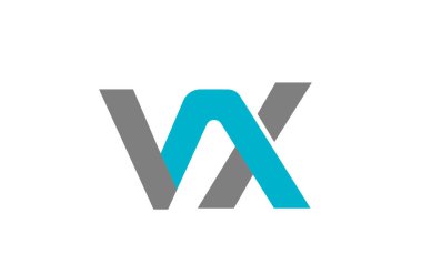 Temiz minimalist VX V X monogram logosu bağlı deniz mavisi ve gri harfler, modern geometrik tarz, yüksek kontrast negatif alan, marka kimliği ve teknoloji tasarımı için mükemmel