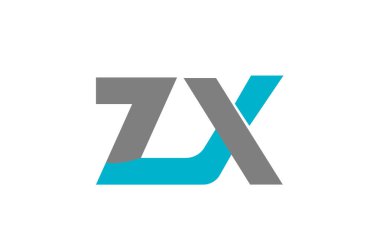 Temiz minimalist Z X monogram logosu bağlı deniz mavisi ve gri harfler, modern geometrik tarz, yüksek kontrast negatif alan, marka kimliği ve teknoloji tasarımı için mükemmel