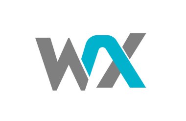 Temiz minimalist WX W X monogram logosu bağlı deniz mavisi ve gri harfler, modern geometrik tarz, yüksek kontrast negatif alan, marka kimliği ve teknoloji tasarımı için mükemmel
