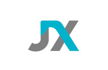 Temiz minimalist JX J X monogram logosu bağlı deniz mavisi ve gri harfler, modern geometrik tarz, yüksek kontrast negatif alan, marka kimliği ve teknoloji tasarımı için mükemmel