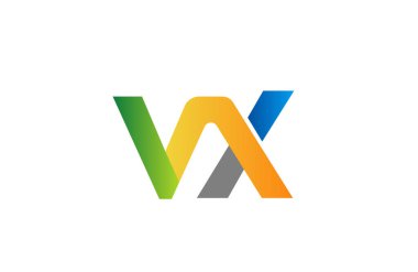 Minimalist soyut VX V X harfi logosu. Üzerinde yeşil, mavi ve turuncu aksanlar var. Teknoloji kurumları için temiz vektör tarzı var.