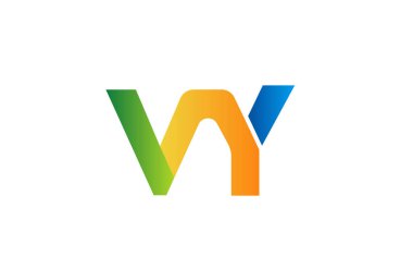 Yeşil mavi ve turuncu gradyan aksanlı miniminalist VY V harfli logo, beyaz arka planda teknoloji şirketi veya yaratıcı markalaşma için temiz vektör tarzı