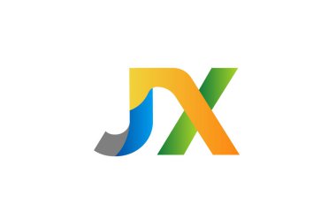 Minimalist soyut JX J X harfi logosu. Üzerinde yeşil mavi ve turuncu aksanlar var. Teknoloji kurumları veya beyaz arka planda yaratıcı markalar için temiz vektör stili.
