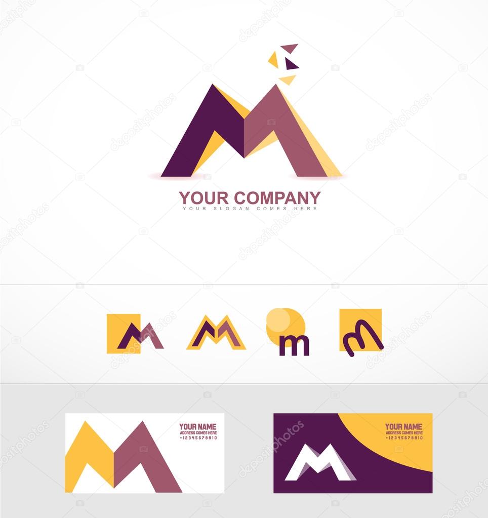 Vector company logo icon element template letter M 3d purple yellow set