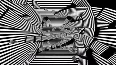 Volumetrik çokgenler dijital görsel animasyon. Başlıklarda, sunumlarda veya VJ kullanımında kullanmak için ideal döngüsüz renksiz geometrik patlayıcı etkisi görüntüsü. 