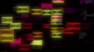 Neon desenleri dijital görsel animasyon. Başlıklarda, sunumlarda veya VJ kullanımında kullanmak için ideal döngüsüz renksiz geometrik patlayıcı etkisi görüntüsü. 