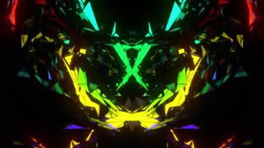 Şekil değiştiren neon dijital görsel animasyon. Başlıklarda, sunumlarda veya VJ kullanımında kullanmak için ideal döngüsüz renksiz geometrik patlayıcı etkisi görüntüsü. 