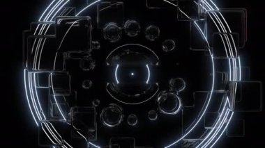 Neon yansımaları dijital görsel animasyon. Başlıklarda, sunumlarda veya VJ kullanımında kullanmak için ideal döngüsüz renksiz geometrik patlayıcı etkisi görüntüsü. 