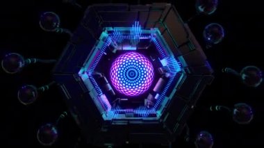 Neon dijital görsel animasyonu yen. Başlıklarda, sunumlarda veya VJ kullanımında kullanmak için ideal döngüsüz renksiz geometrik patlayıcı etkisi görüntüsü. 