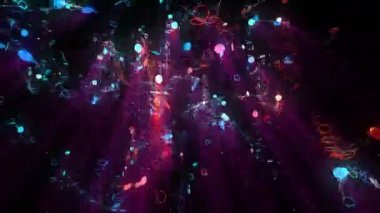 Rüya parçacıkları dijital görsel animasyon. Başlıklarda, sunumlarda veya VJ kullanımında kullanmak için ideal döngüsüz renksiz geometrik patlayıcı etkisi görüntüsü. 
