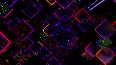 Night LED Şehri dijital görsel animasyonu. Başlıklarda, sunumlarda veya VJ kullanımında kullanmak için ideal döngüsüz renksiz geometrik patlayıcı etkisi görüntüsü. 