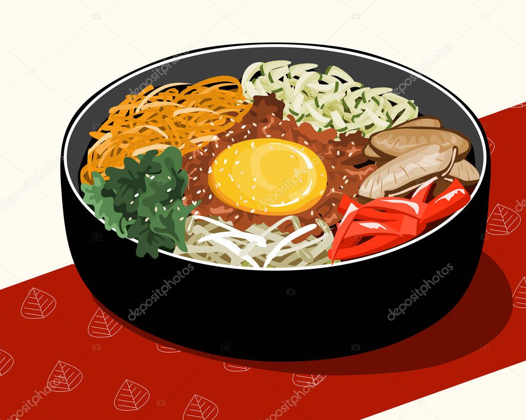 Bibimbap or bi bim bop Korean food, rice mixing with various ingredients in black bowl vector illustration.