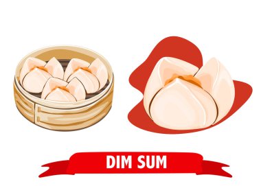 Dim sum, Çin buğulama ekmeği ve beyaz arka planda bambu sepeti. Gerçekçi el çizimi vektör çizimini kapat.