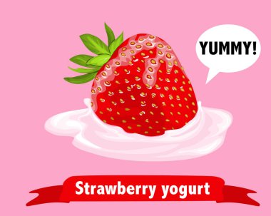 Pembe arkaplanda çilek ve yoğurt, metin ile, el çizimi vektör illüstrasyonunu kapat.