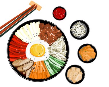 Bibimbap ya da bi bim Kore yemeği, pirinç ve çeşitli malzemelerle karışık siyah kase ve yan yemek vektör illüstrasyonları.