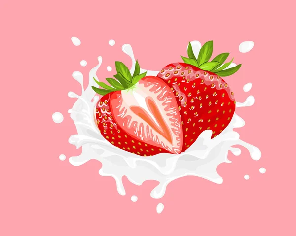 Fresas Salpicaduras Leche Con Dopplet Leche Sobre Fondo Rosa Ilustración — Vector de stock