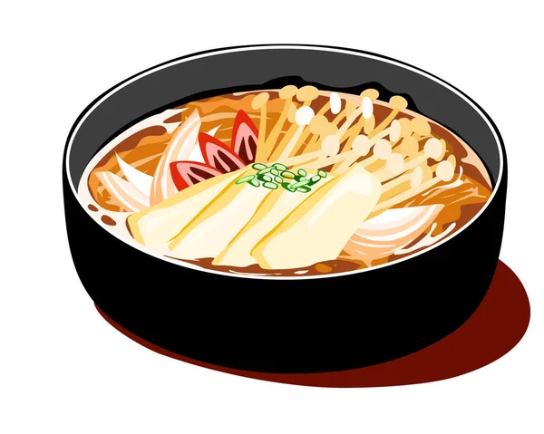 チーカレー スパイシーなキム チー煮込み韓国料理 チーのボウル 玉ねぎ エノキキノコ リブとスープベクトルイラストとチリ — ストックベクタ