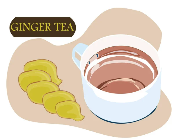 Ginger Sliced White Cup Ginger Tea White Background Vector Illustration — Stock Vector