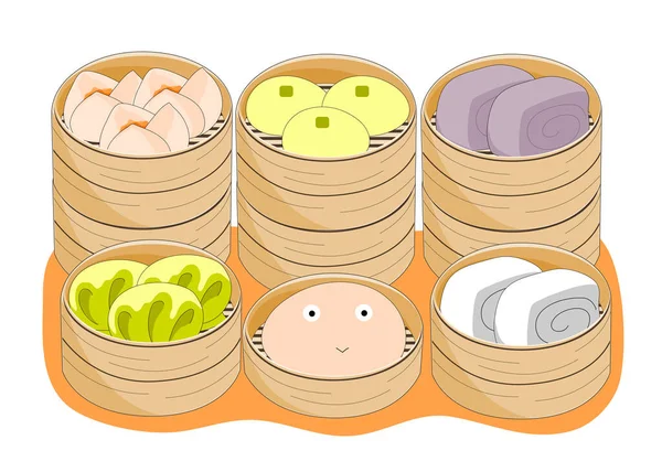 Set Steamed Bun Dim Sum Yum Cha Bamboo Basket Vector — Stock Vector