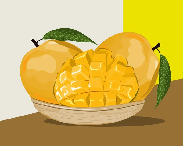 Conjunto Frutas Mango Plato Madera Sobre Mesa Primer Plano Ilustración — Archivo Imágenes Vectoriales