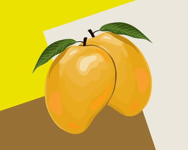 Paio Frutti Interi Mango Con Foglie Sfondo Colore Moderno Illustrazione — Vettoriale Stock