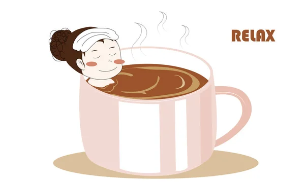 Woman Onzen Big Coffee Cup Relaxing Time Vector Illustration — Stock Vector