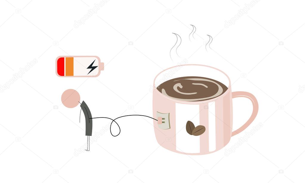 need energy boots, a man charging battery with the big coffee cup, hand drawing vector illustration.